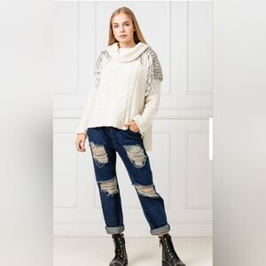 NWT Twinset Milano Fringe Knit Sweater M Ivory Chunky Cable Knit Cowl Neck